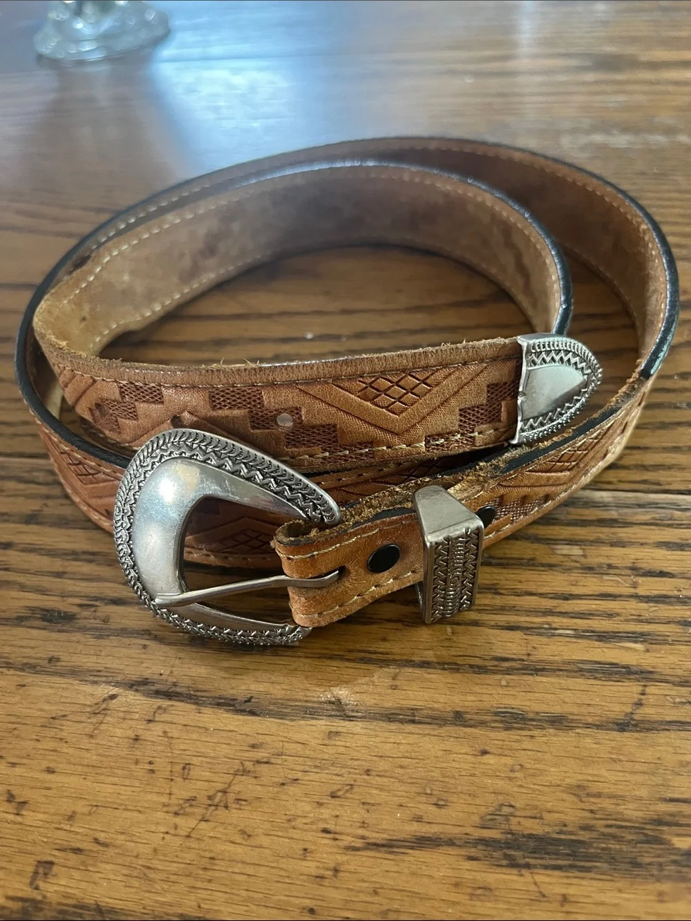 Western Tooled Leather Belt with Silver-Tone Buckle - Brown